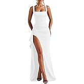 LAGSHIAN Women's Elegant Square Neck Sleeveless Bodycon High Split Ruched Long Formal Evening Dress