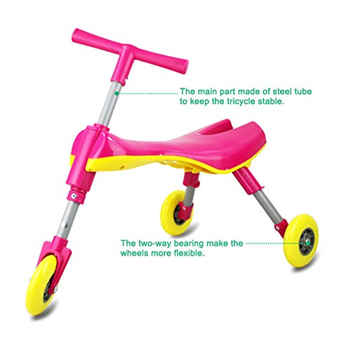 Freshday Toddlers Glide Tricycle for Indoor and Outdoor Use, Foldable Kids Fly Bike Trike Scooter, Non Scratch Wheels and No Assembly Required (Pink)