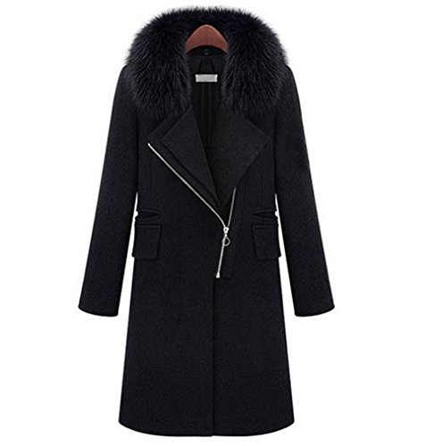 YINHAN? Women's Winter Long Fur Collar Slim Inclined Zipper Duffle Coat Black XXXXXL