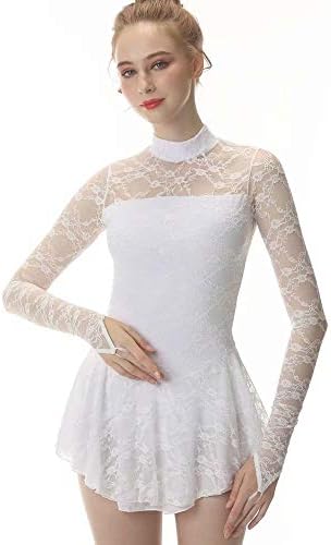 White Figure Skating Dress Fingerpoint Sleeves Ice Skating Skirt Long-Sleeved Spandex Skirt Competition Dresses