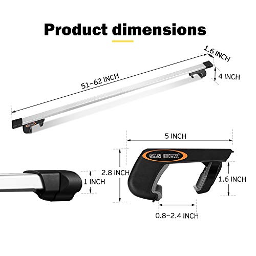 Universal Car Rooftop Rack Cross Bars Set - 150 lb. Capacity - Adjustable Aluminum Roof Rack (51" Extends to 62") for Mounting Cargo Basket, Roof Bag, Kayak, 1 Year Warranty