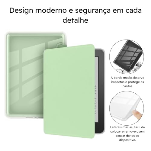 Capa Para Kindle 11ª Geração 2024 e 2022 (C2V2L3 e RS23CV) - Sistema de Hibernação - Fechamento Magnético - Traseira Transparente (Verde Água)