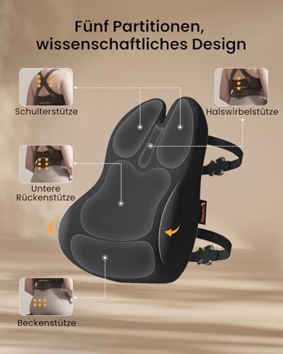 Ergonomisches RückenKissen aus Memory Foam, Lendenkissen für Bürostuhl Autositz und Schreibtischstuhl, Lendenwirbelkissen Atmungsaktiv, Rückenstütze mit Verstellbare Doppelriemen, Schwarz