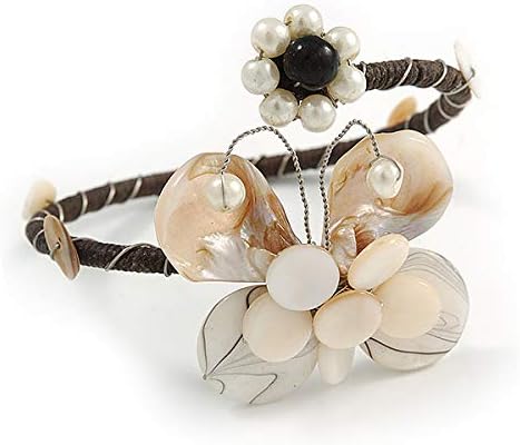 Avalaya Off White Sea Shell Bead Butterfly Silver Wire Flex Cuff Bracelet - Adjustable, White / Ivory, Brown - Image 4