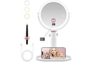 GOMIPURU Makeup Magnifying Mirror with Light 30X/1X, Digital Display, 2-Sided Touch Control, Makeup Mirror with 3 Color Light