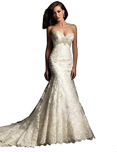 Elley Eldecey Women's V-Neck Lace Applique Sleeveless Floor Length Trumpet Formal Beach 2015 Wedding Bridal Dress White US8