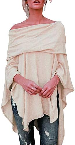 Womens Off Shoulder Irregular Hem Soft Knitted Poncho Sweater Pullovers