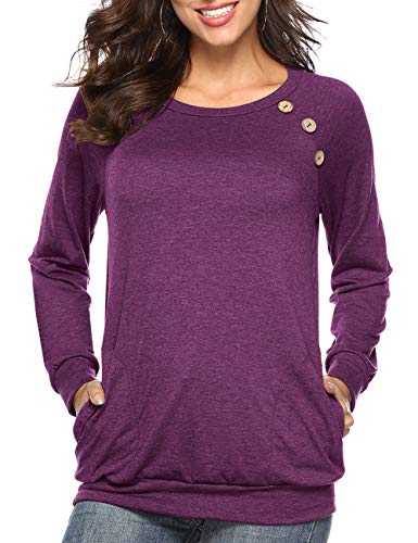 Womens Button Long Sleeve Tops Casual Blouses T-Shirt Round Neck Pockets Top WineRed M