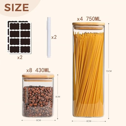 Beauenty Minimalist Square Glass Storage Containers with Lids, 12 Piece, 750ML, Pantry Organizers and Storage, Cereals, Cookies, Snacks, Nuts, Oats, Candy, Bath Salts, Spices, Sugar, Coffee
