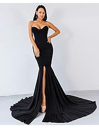 Señorita Vestido largo de fiesta de noche o boda, sin breteles, con escote asimétrico, y tajo en el frente.