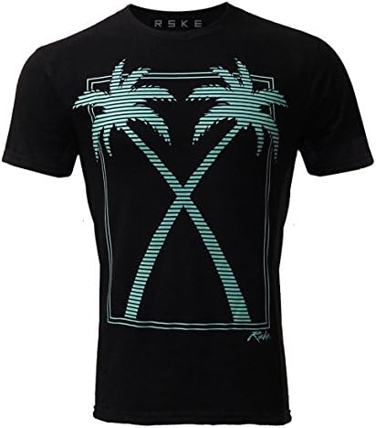 RSKE California Palm Trees Turquoise T Shirt Mens Casual Beach Tee LA Style (X-LARGE, BLACK)