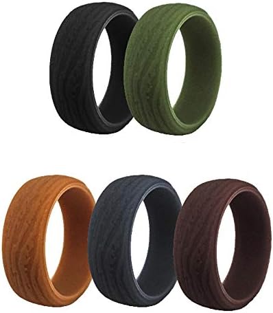 Silicone Wedding Ring Band for Men 5 Pack Size 7 8 9 10 11 12 13 14 Mens Bark Texture Rubber Wedding Bands Rings 8.7mm Wide - Black, Iron-Grey, Coffee, Olive Green, Earth Tone