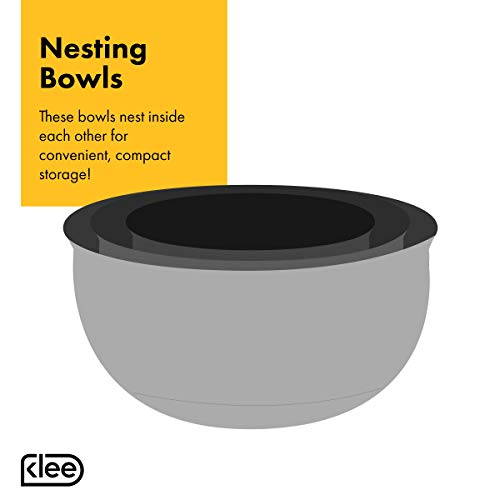 Klee Stainless Steel Mixing Bowls Set of 5 – Non Slip Mixing Bowls with Rubber Bottom – Colorful Mixing Bowls with Measurements – Nesting Mixing Bowls Set with Silicone Base – Kitchen Mixing Bowl Set