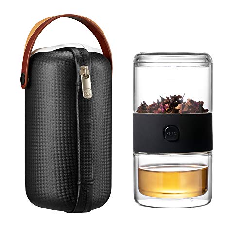 ZENS Travel Tea Set, Glass Portable Teapot Infuser Set for One with 200ml Double Walled Teacup for Loose Tea, to Go Black Carry Case for Office or Homeworking Daily Tea