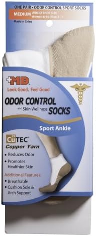 MD USA Cutec Copper Ion Odor and Itch Control Ankle Socks, White with Copper Sole, Large