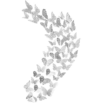 Creatiee 48Pcs Butterfly Decorations, 3D Wall Decals|Metallic Art Sticker, DIY/Handmade/ Removable/Pressure Resistance Paper Murals Gift for Home Kids/Girls Bedroom Nursey Party Décor (Silver Style)