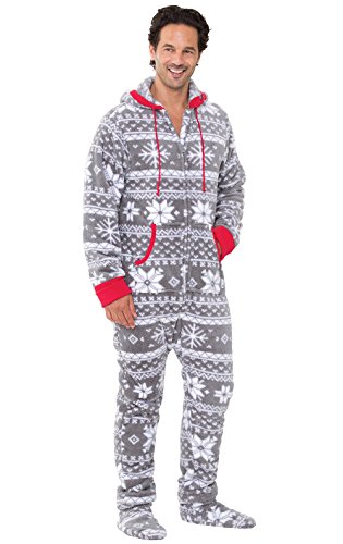 PajamaGram Hoodie-Footie Nordic Fleece Onesie Pajamas, Mens, Gray, Med