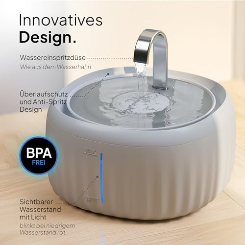 PrettyPaw Cat Fountain - Super Quiet, BPA-Free 3L Drinking Fountain for Cats with LED and Activated Carbon Filter - Easy to Clean Cat Drinking Fountain - Aqua Flow (Grey)