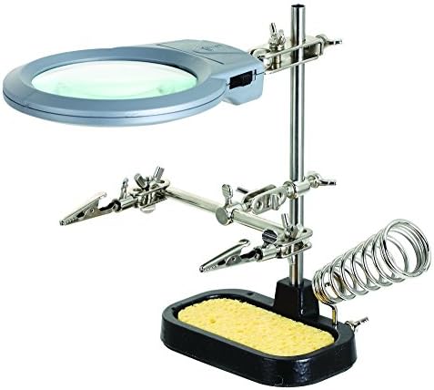 MIYAKO Soldering Helping Hand with Magnifier, LED Light and Solder Holder, Third Hand Cast Iron Base Stand with Adjustable Alligator Clip for Clamping in Electronics, Models, Hobby & Craftwork (HH-5)