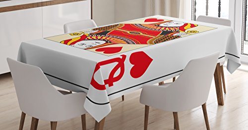 Ambesonne Queen Tablecloth, Queen of Hearts Playing Card Casino Design Gambling Game Poker Blackjack, Dining Room Kitchen Rectangular Table Cover, 52" X 70", Vermilion Yellow