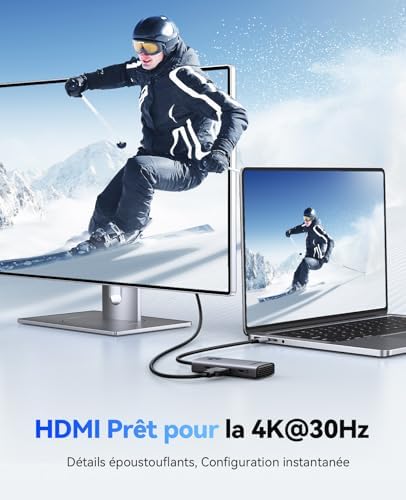 Station d'accueil, 6 en 1 Hub USB C avec HDMI 4K@30Hz, PD 100 W, 4 Ports USB 5Gbps, Adaptateur USB C vers USB 3.0 Compatible avec MacBook Pro Air XPS HP