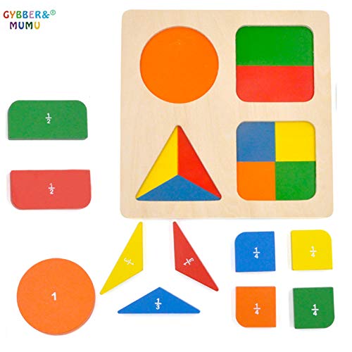 GYBBER&MUMU Wooden Math Fraction Teaching Geometric Blocks Sorting Game Preschool Colorful Shape Puzzle for 24 Months+