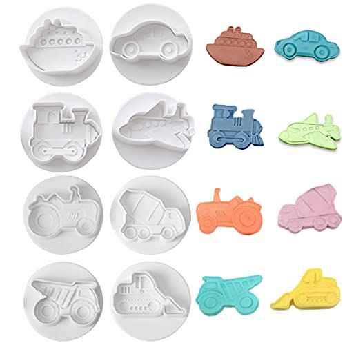 8 Pieces Vehicle Baking Cutter 3D Cartoon Transport Car Cookie Pie Crust Cutters Pastry Fondant Stamp Baking Molds Cake Decorating Tools with Handle Spring Device, Direct Embossing