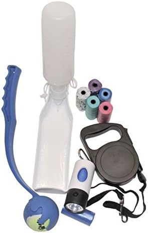 OMG Ultimate Dog Walking Kit with Retractable Leash, Water Bottle, Poop Bag Holder with Flashlight and Ball Thrower for Small to Mid Sized Doggies