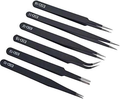6pcs Non-magnetic Stainless Steel Fine Curved Tip Tweezers Forceps Anti-static ESD 10 11 12 13 14 15