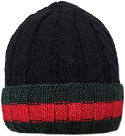Men's Design Cable Knit Wooly Hat in Black with Green and Red Stripe
