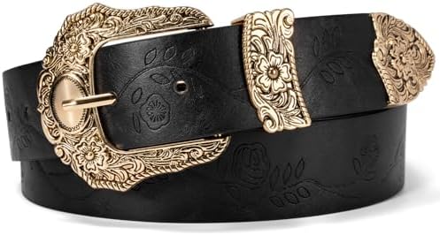 Vintage Black Leather Western Belt Silver Long Horn Engraved Buckle Cowgirl Y2K West Cowboy/girl Three Piece Sets Silver Plated Longhorn  main image 4