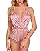 ADOME Women Lingerie Bodysuit V Neck Teddy Lace Babydoll Satin Pajamas Short Jumpsuit Nightwear Pink S