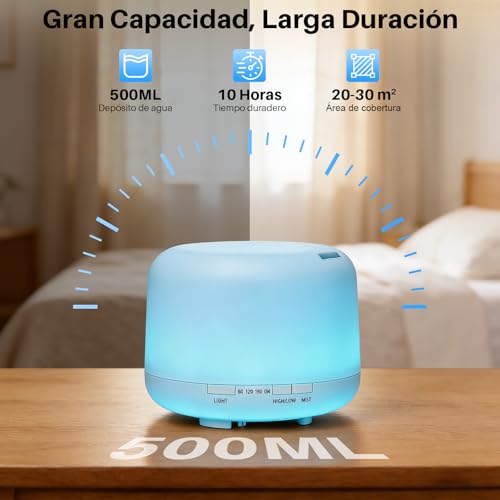 Salandens Difusor de Aceites Esenciales 500ML, Difusor de Aromas con 6 Aceites Esenciales, Humidificador de Aire con 7 Colores de Luz Led, 2 Niveles De Niebla y Control Remoto, para Casa y Oficina