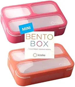 MINI Bento Box for Kids Small Lunch-Boxes for Girls Boys | Snack Containers for Adults Toddlers Pre-School Baby Day Care | BPA Free 3 Compartments | Pink Coral - Orange