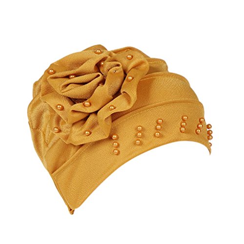 Unpara 2018 Women Muslim Turban India Ruffle Cancer Chemo Hat Beanie Scarf Head Wrap Cap With Bead (Yellow) - Thumbnail 2