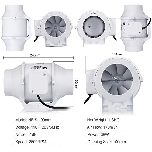 Hon&Guan 4 Inch Extractor Fan High Efficiency Mixed Flow Ventilation