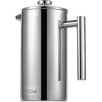 X-Chef 50oz/1500ml French Press Coffee Maker, Double-Wall 304 Stainless Steel Coffee Press with 1 Extra Filter Screen for Home Office