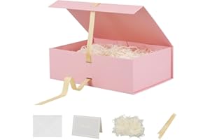 BOXSKIVRA Skivra Large Pink Gift Box with Ribbon - 1 Pack, 13x9x4 Inch Rectangle Collapsible Luxury Gift Box with Lid and Magnetic Closure for Mother's Day, Birthdays, Shredded Paper Filler & Card