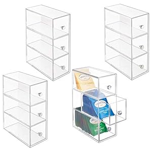 mDesign-Plastic-Kitchen-Pantry-Cabinet-Countertop-Organizer-Storage-Station-with-3-Drawers-for-Coffee-Tea-Sugar-Packets-Sweeteners-Creamers-Drink-Pods-Packets-4-Pack-Clear mDesign Handy Tea Box Storage Unit with Room for Different Types of Teabags – Sturdy Storage Box for Use in The Kitchen…