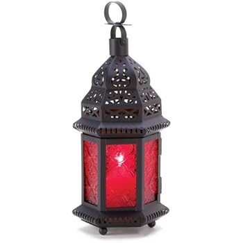 Gifts & Decor Red Glass Metal Moroccan Candle Holder Hanging Lantern