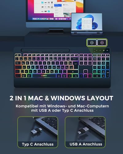 seenda JPX006 Wireless Illuminated Keyboard Mouse Set with USB-A & USB-C Port, Rechargeable, Ergonomic with Mobile Phone Holder & Wrist Rest, Quiet Keys for PC & Mac - QWERTZ Layout