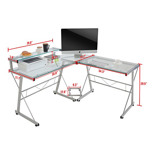 Mecor L-Shaped Corner Computer Desk with Shelf & Stand, Glass Laptop PC/Computer Table Workstation Home Office Furniture, Glass & Metal, Clear