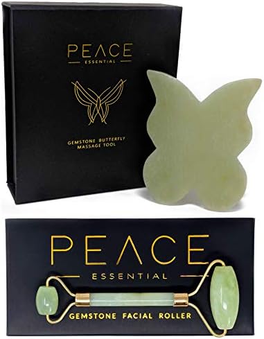 Jade Roller and Gua Sha Set | 100% Natural Jade Face Roller + Gua Sha Butterfly Scraping Stone with 3 Unique Sides for Facial + Body Massage | Perfect Gift Set