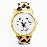 Sannysis(TM) 1PC Fashion Cats Face Leather Quartz Watch For Woman Man(Leopard)