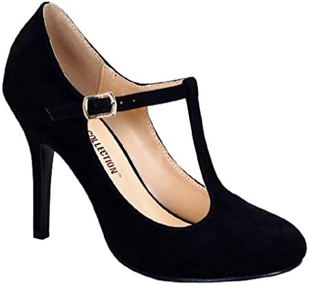 Blsm Swissx2 Women's Closed Toe T-Strap Platform Pumps Faux Suede Medium High Heels Black 7