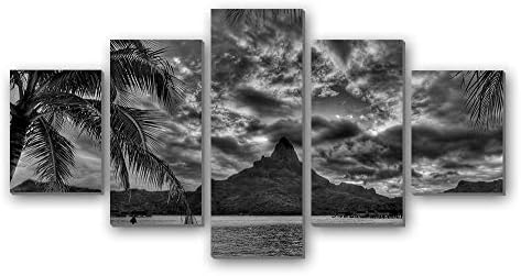 GLITZFAS PRINTS 5 Panel Wall Art Painting - Beach sea Mountain top Clouds Palm Trees Sand Branches - Canvas Stretched with Wooden Frame for Home Decor (12"x16"x2+12"x24"x2+12"x32"x1) Black White