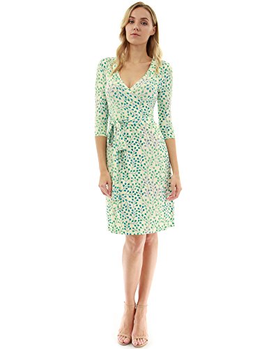 PattyBoutik Women Faux Wrap A Line Dress (Light Yellow and Green 18 Small)