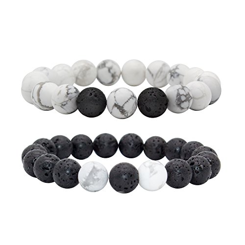 Bivei Couples His and Hers Couple Bracelets White Turquoise&Black Lava Rock Stones Distance Bracelet Real Stones(Set of 2)