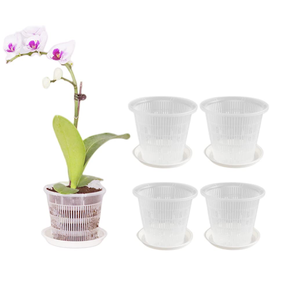 XZJMY 5 Pack Orchid Pot,4.3 Inch Orchid Pots with Holes and Saucers,Clear Plastic Orchid Pots Breathable Slotted Orchids Planter (White)