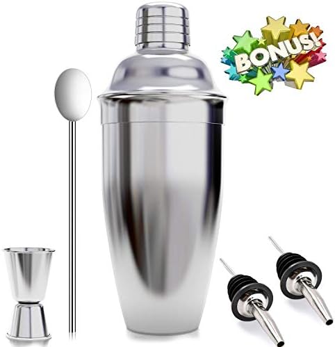 Cocktail Shaker Set for Professional Bartender and Home Bar including 24oz Martini Shaker, Measuring Jigger, 2 Liquor Pourers， 2 Drinking Straws/Bonus Cocktail Recipe (ebook)